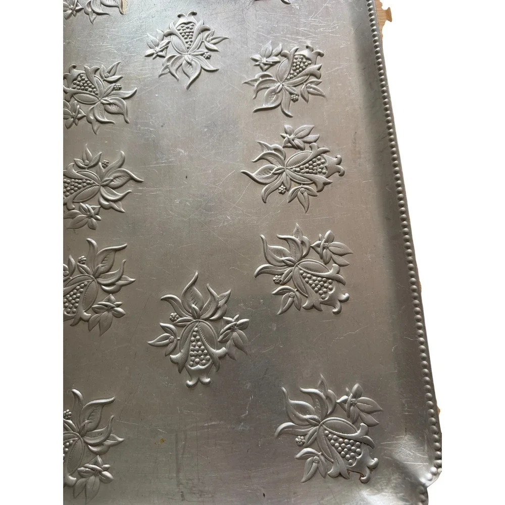 Vintage Aluminum Serving Tray OS Silver Good Floral Pomegranate Beaded Rim 20